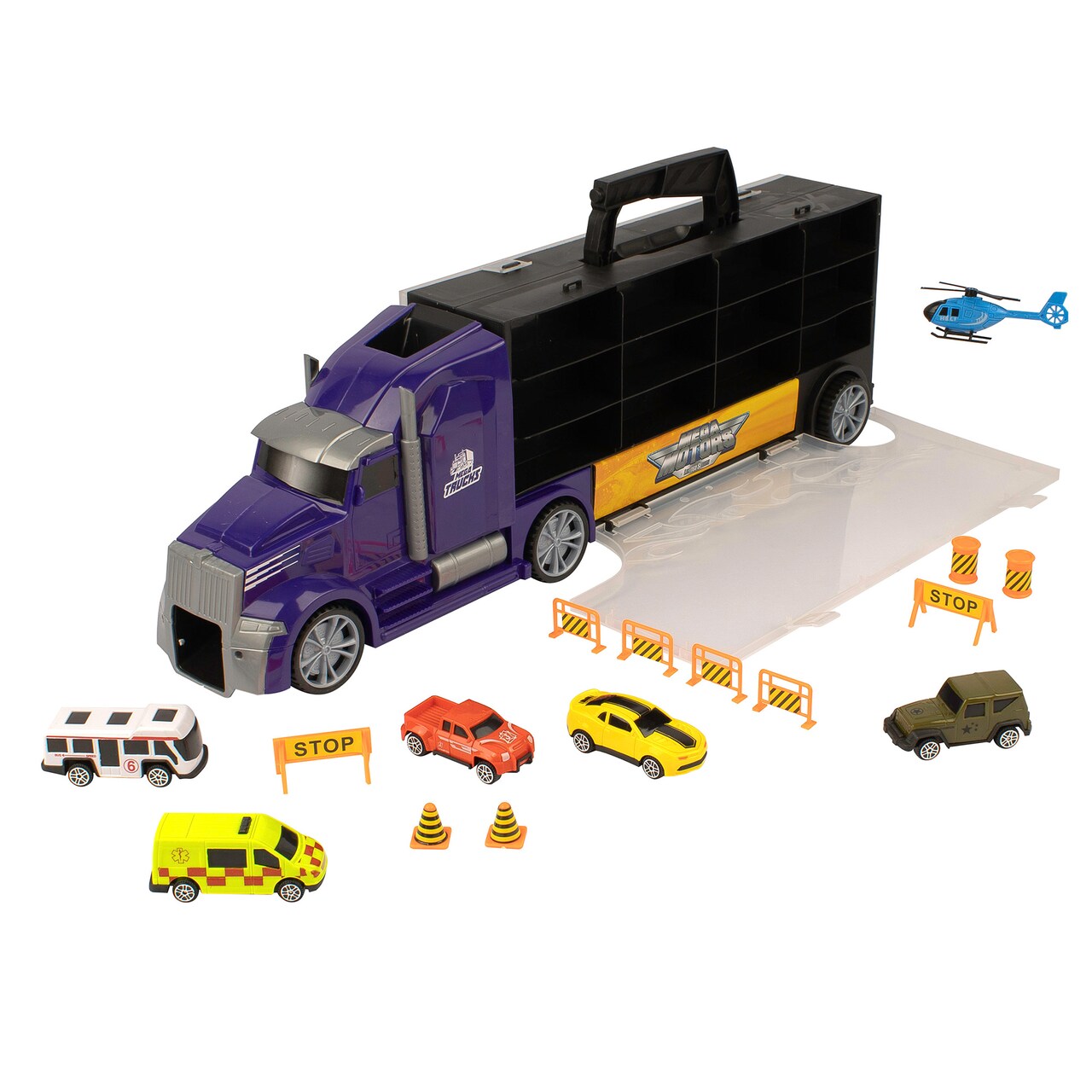 Mighty Motors: Heavy Hauler Carry Case - Blue - 23.5" Truck Storage Case w/ Car Launch, 6 Die-Cast Vehicles Road & Accessories, Toy Kids Ages 3+